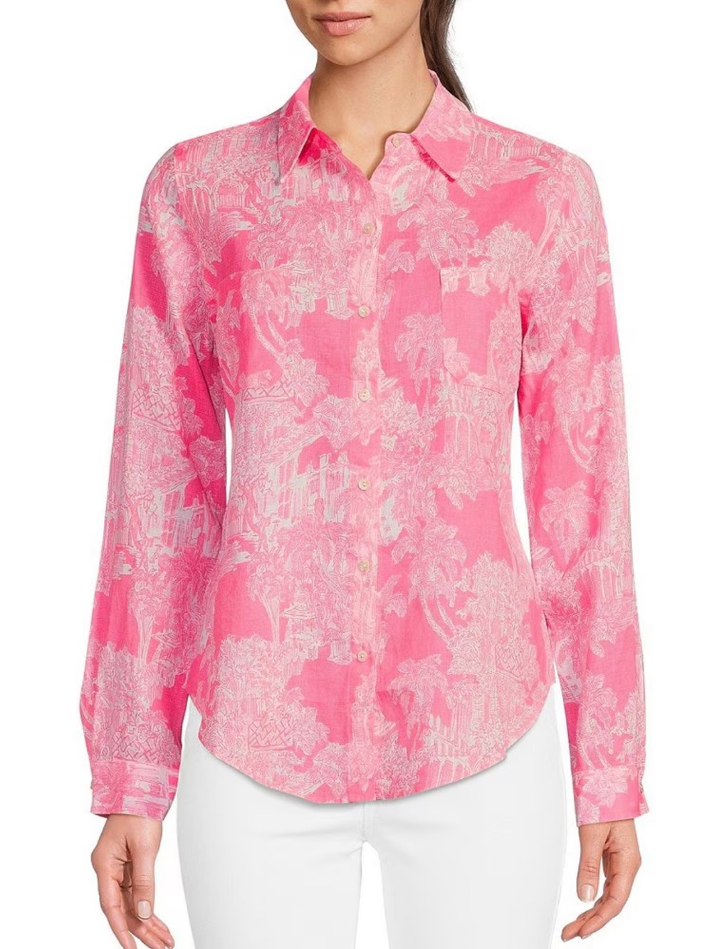 NEW LILLY PULITZER PINK AND WHITE LONG SLEEVE BUTTON DOWN 100% LINEN TOP